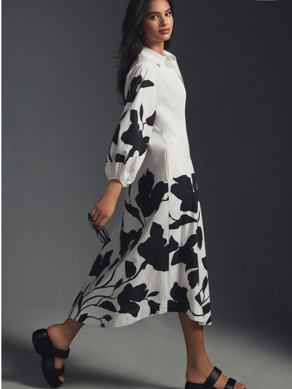 MAEVE • Jo Faulkner button front asymmetrical dress black white floral Small - Picture 3 of 11